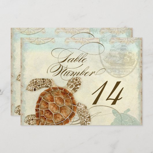 Numéro de table Tortue de mer Océan Plage Mariage  (Devant / Derrière)