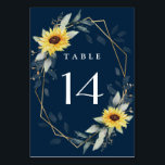 Numéro De Table Tournesol et bleu marine Mariage géométrique russe<br><div class="desc">Le design présente une verdure aquarelle,  des tournesols,  des éléments en or imprimé et des feuilles botaniques aérés sur un cadre géométrique imprimé couleur or. Le fond est assorti d'une verdure et d'une couronne de tournesol.</div>