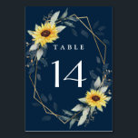 Numéro De Table Tournesol et bleu marine Mariage géométrique russe<br><div class="desc">Le design présente une verdure aquarelle,  des tournesols,  des éléments en or imprimé et des feuilles botaniques aérés sur un cadre géométrique imprimé couleur or. Le fond est assorti d'une verdure et d'une couronne de tournesol.</div>