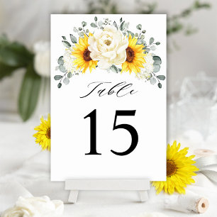 Numéro De Table Tournesol ivoire pivoine Floral Eucalyptus Mariage