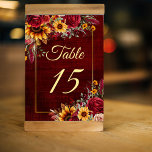Numéro De Table tournesol rose mariage de automne<br><div class="desc">Mariage de automne Bourgogne rose tournesols jaunes verdure bordeaux arrière - plan cadre or floral mariage carte numéro</div>
