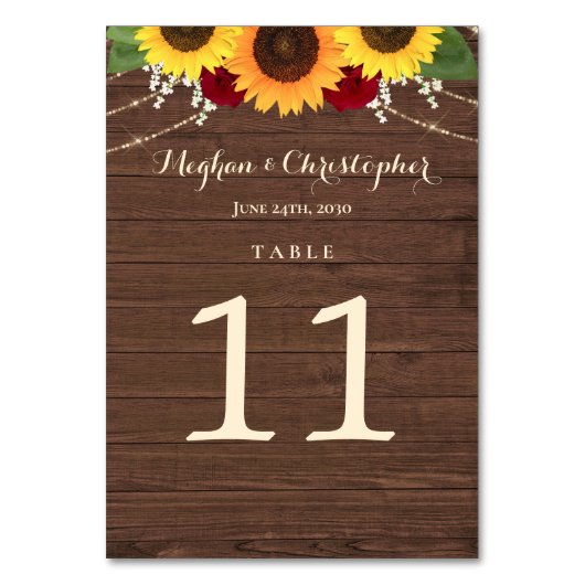 Numéro De Table Tournesol rustique Bourgogne Rouge Roses Mariage b (Par défaut)