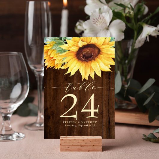 Numéro De Table Tournesol Rustique Mariage d'aquarelle en bois