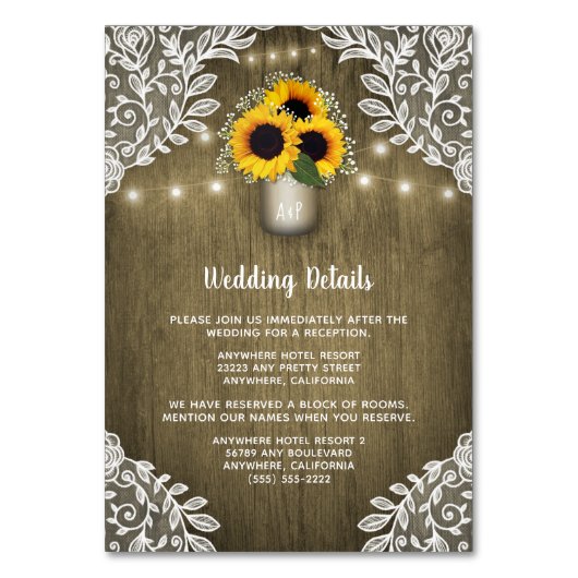 Numéro De Table Tournesol rustique Mason Mariage pot Insérer des c (Par défaut)