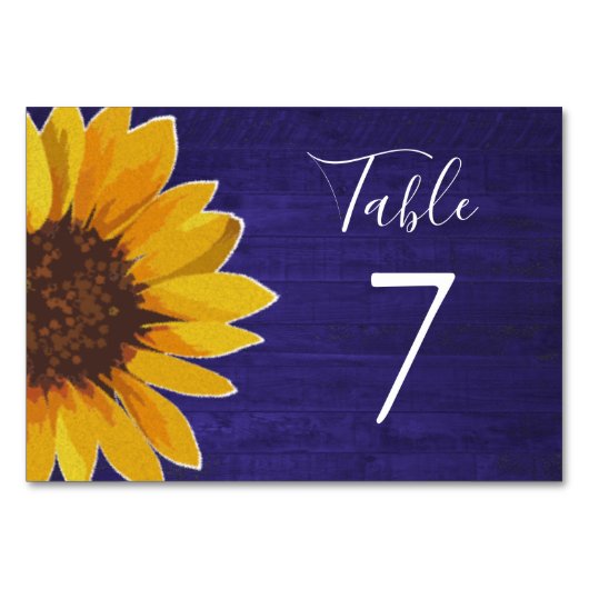 Numéro De Table Tournesol sur bois rustique bleu marine de mariage (Devant)