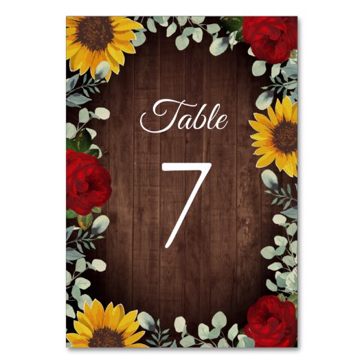 Numéro De Table Tournesols Eucalyptus Roses rouges Mariage en bois (Dos)