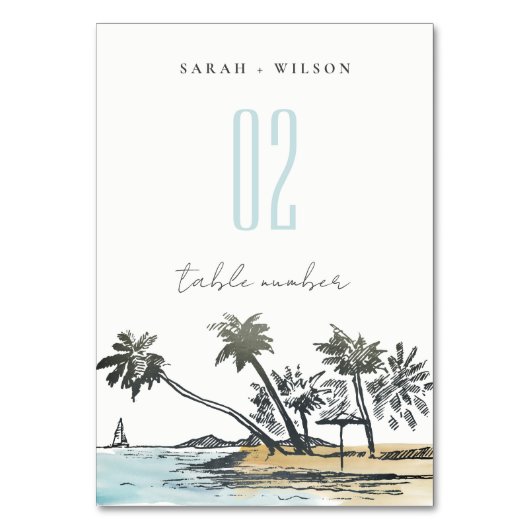 Numéro De Table Tropical Beach Palm Tree croquis Mariage aquarelle (Par défaut)
