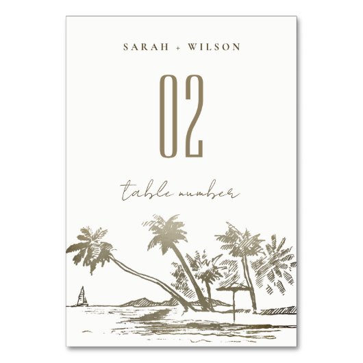 Numéro De Table Tropical Beach Palm Tree croquis Pale Gold Mariage (Dos)