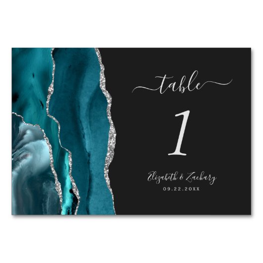 Numéro De Table Turquoise Bleu Argent Agate Dark Mariage Numéro de (Devant)
