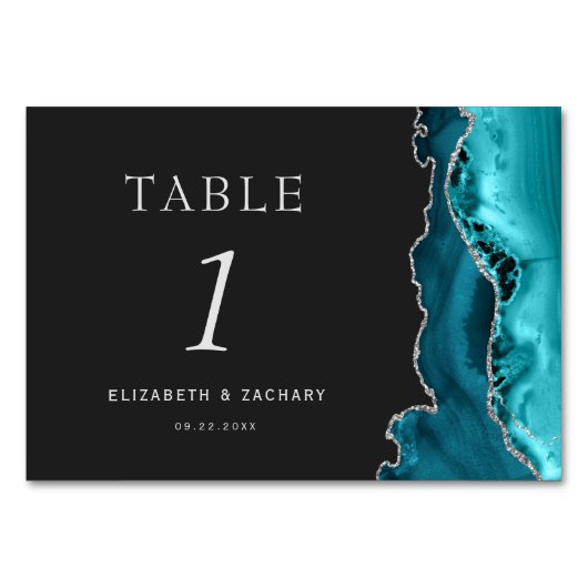 Numéro De Table Turquoise Blue Agate Argent Dark Mariage (Devant)