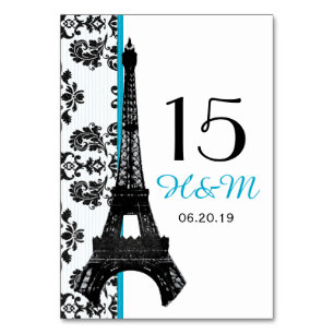 NUMÉRO DE TABLE TURQUOISE DAMASK EIFFEL TOUR MARIAGE PARISIEN