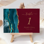 Numéro De Table Turquoise Gold Agate Bourgogne Mariage<br><div class="desc">Le bord gauche de cette élégante carte de numéro de table mariage moderne comporte une bordure turquoise en aquarelle bleue,  ornée d'une parties scintillant en faux or. Le texte personnalisable combine écriture manuscrite couleur or,  italique et polices de cuivre sur un arrière - plan rouge bordeaux.</div>