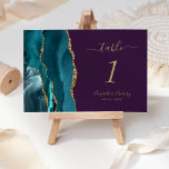 Numéro De Table Turquoise Gold Agate Purple Mariage<br><div class="desc">Le bord gauche de cette élégante carte de numéro de table mariage moderne comporte une bordure turquoise en aquarelle bleue,  ornée d'une parties scintillant en faux or. Le texte personnalisable combine écriture manuscrite couleur or,  italique et polices de cuivre sur un arrière - plan violet.</div>