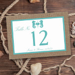 Numéro De Table Turquoise Seahorse Burlap Beach Wedding Collection<br><div class="desc">La collection de mariage de burlap beach, un cheval turquoise, est parfaite pour tout couple qui souhaite se marier romantique en bord de mer. L'arrière - plan rustique effet burlap donne à ces cartes de numéro de table un aspect boho-chic, tandis que le turquoise tropical a un coloris frais et...</div>