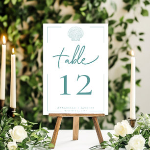 Numéro De Table Typographie minimale Aqua & White Seashell Mariage