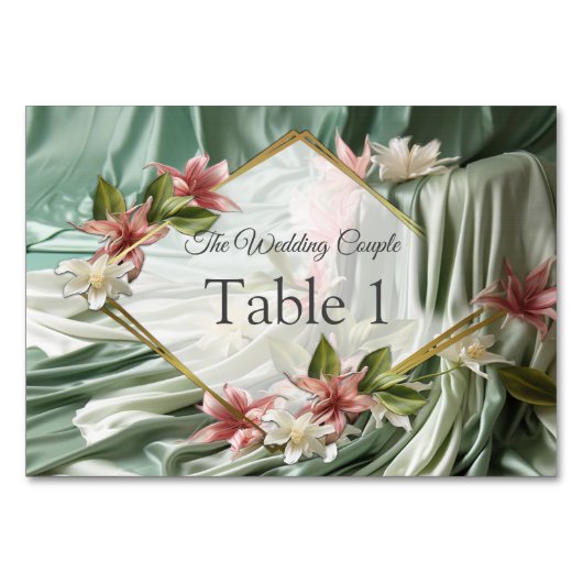 Numéro De Table Vert, Crème, Draps De Soie Et Fleurs De Pinkish (Devant)