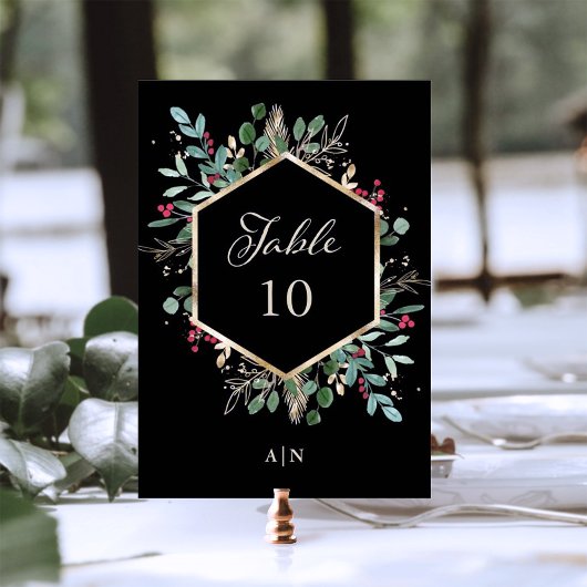 Numéro De Table Vert doré sur noir | Mariage de Noël