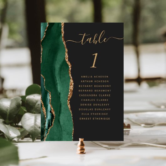 Numéro De Table Vert émeraude Agate dorée Mariage sombre