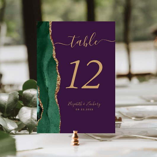 Numéro De Table Vert émeraude Or Agate Violet Mariage