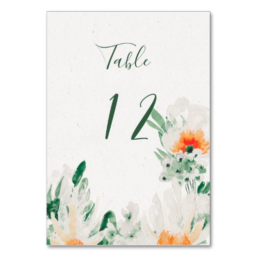 Numéro De Table Vert forêt, orange, Aquarelle blanche Floral (Par défaut)