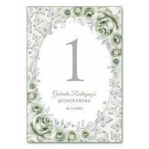 Numéro De Table Vert sauge argent floral Quinceanera