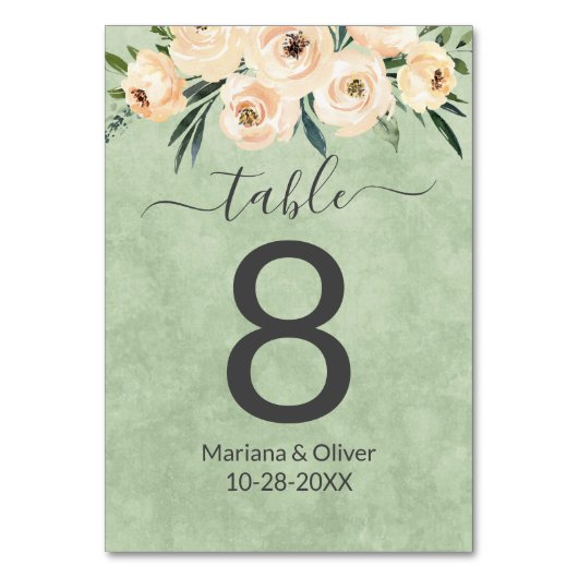 Numéro de table vert sauge blush beige floral (Par défaut)