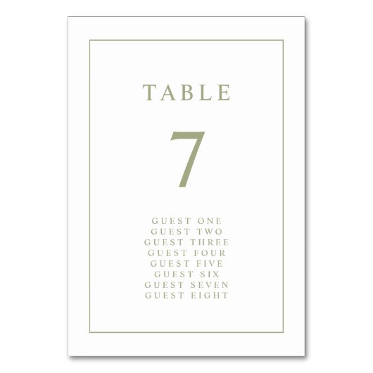Numéro De Table Vert Sauge Élégant Simple Minimal Bordure Mariage (Par défaut)
