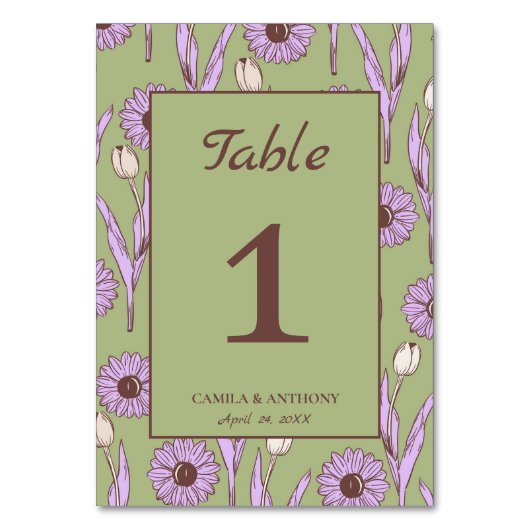 Numéro De Table Vert violet rétro Y2K Funky Hippie Flower Motif (Dos)