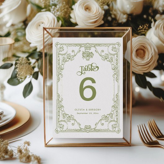 Numéro De Table Vintage Olive Green Antique Frame Mariage