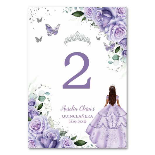 Numéro De Table Violet Floral Princesse Argent Quinceañera XV 16 (Par défaut)