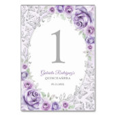 Numéro De Table Violet Pourpre Argent Floral Quinceanera (Dos)