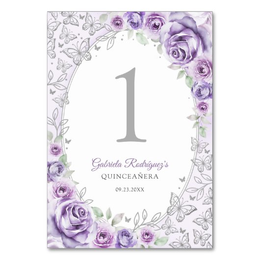 Numéro De Table Violet Pourpre Argent Floral Quinceanera (Par défaut)