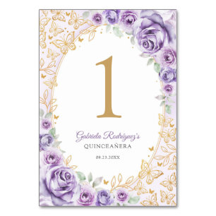 Numéro De Table Violet pourpre or floral Quinceanera