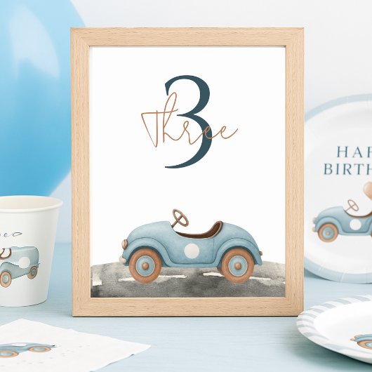Numéro De Table Voiture Aquarelle Bleue Anniversaire