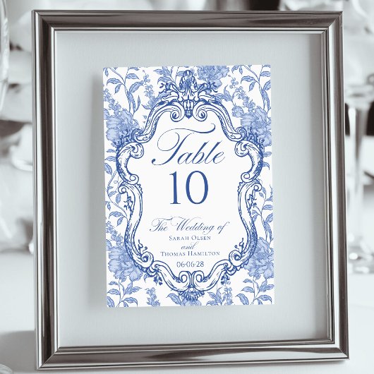 Numéro De Table Wedding Crest Delft Blue Floral Elegant Script
