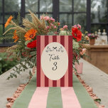 Numéro De Table Whimsical Red Pink Striped Wedding Table Number<br><div class="desc">Add a playful yet elegant touch to your wedding reception with this Whimsical Red and Pink Striped Table Number Card. Featuring hand-drawn doves tied with a ribbon and bold vintage stripes, this design beautifully blends romance and nostalgia. Perfect for retro, bohemian, or holiday-themed weddings — a charming way to guide...</div>