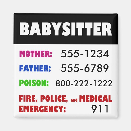 Numéro de téléphone d'urgence de Babysitter aimant (Devant)