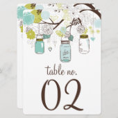 Numéros de table avec cartes en pots Mason Bleu et (Devant / Derrière)