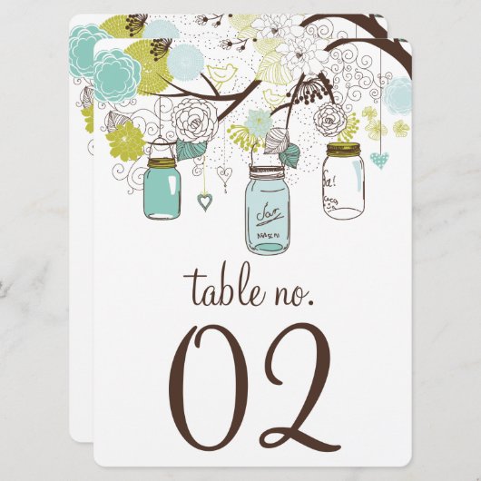 Numéros de table avec cartes en pots Mason Bleu et (Devant / Derrière)