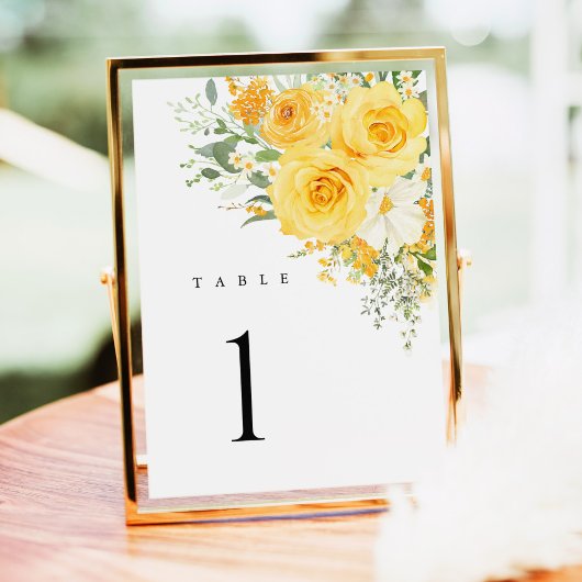 Numéros de table de mariage à la rose florale jaun