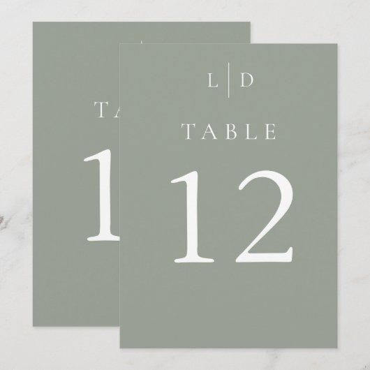 Numéros de table de mariage à monogramme chic vert (Devant / Derrière)
