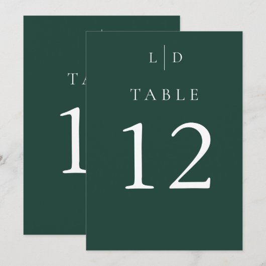 Numéros de table de mariage à monogramme vert émer (Devant / Derrière)