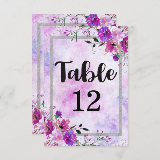 Numéros de table de mariage avec fleurs violettes  (Devant / Derrière)