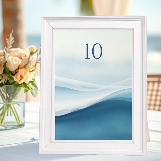 Numéros de table de mariage de plage bleu serein