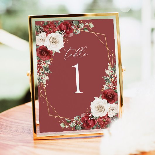 Numéros de table de mariage floraux d'hiver en or