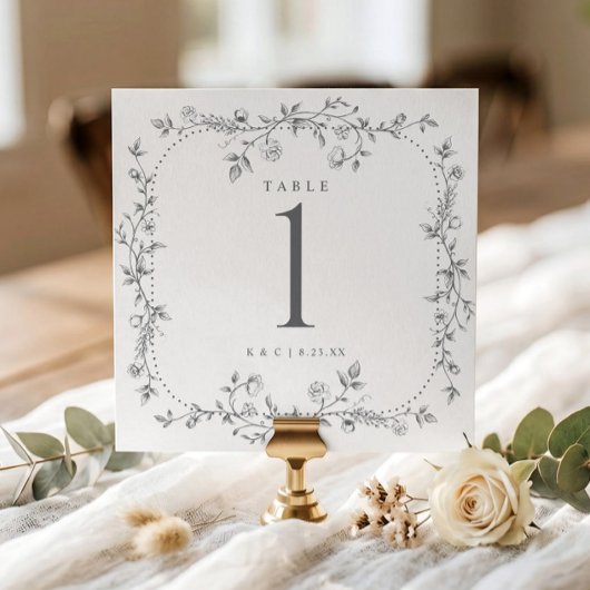 Numéros de table de mariage floraux français gris
