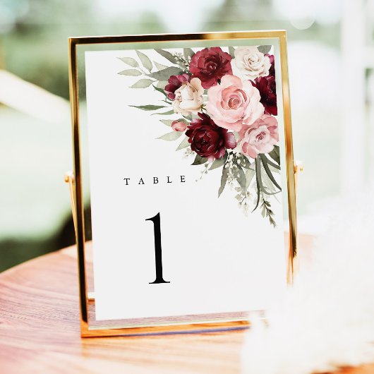 Numéros de table de mariage floraux rose Bourgogne