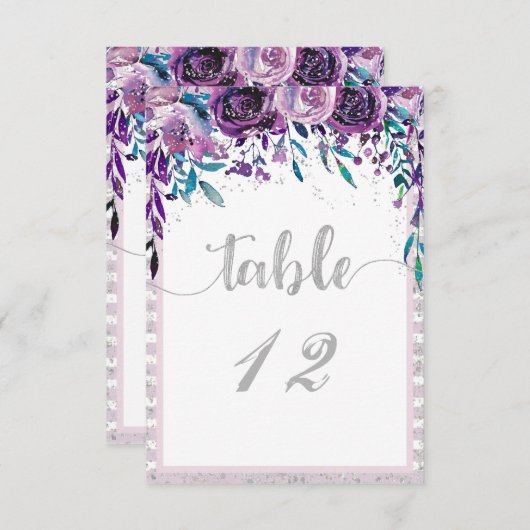 Numéros de table de mariage floraux violets et arg (Devant / Derrière)