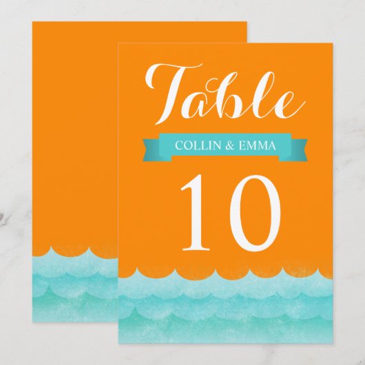 Numéros de table de mariage nautique Orange en mer (Devant / Derrière)