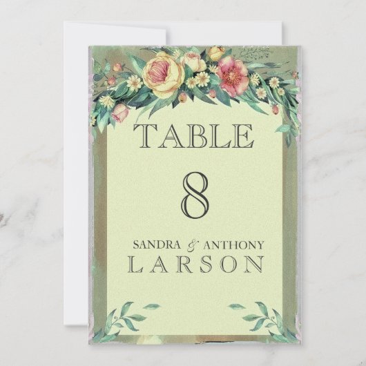 Numéros de table de mariage vert floral aquarelle (Devant)